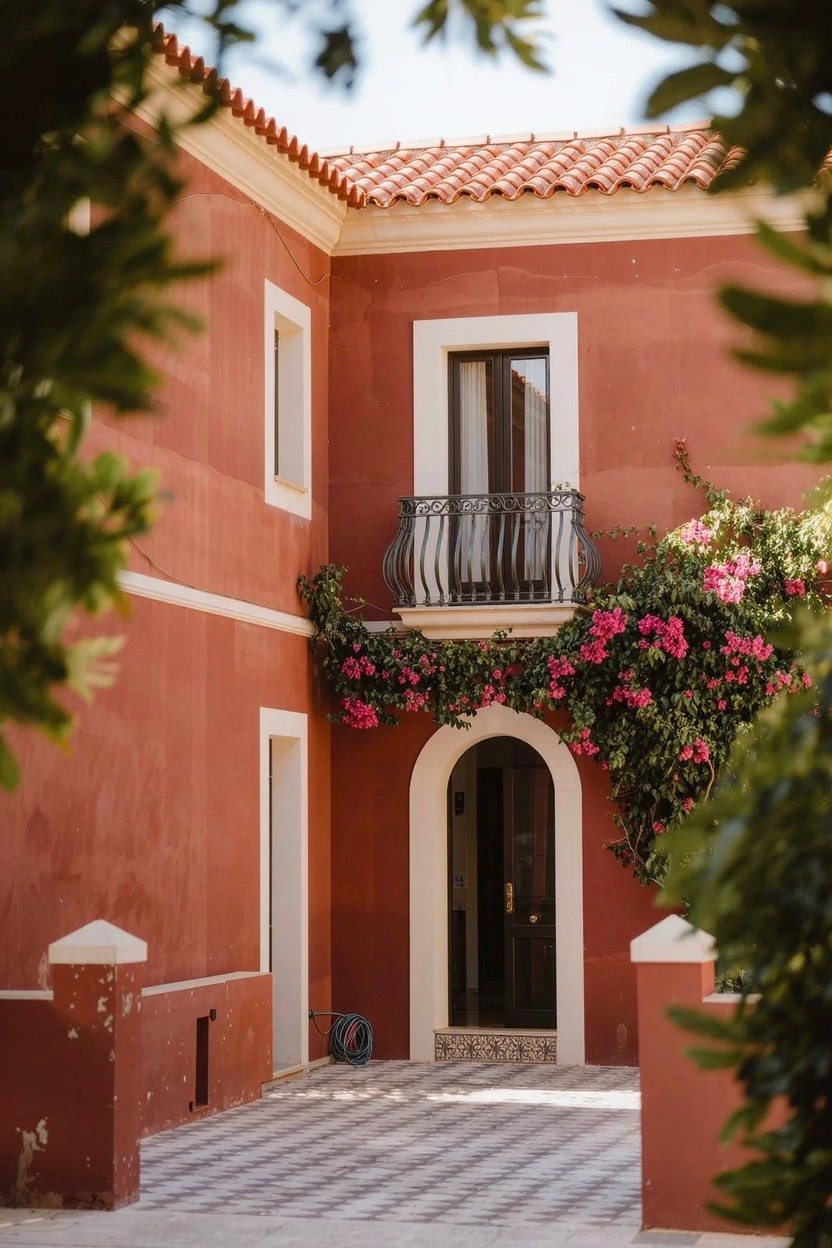 Terracotta stucco house exterior with white-trimmed arched doorway and window, black-railed balcony covered in pink bougainvillea, greenery framing the sides, and checkered tile pathway leading to the entrance.