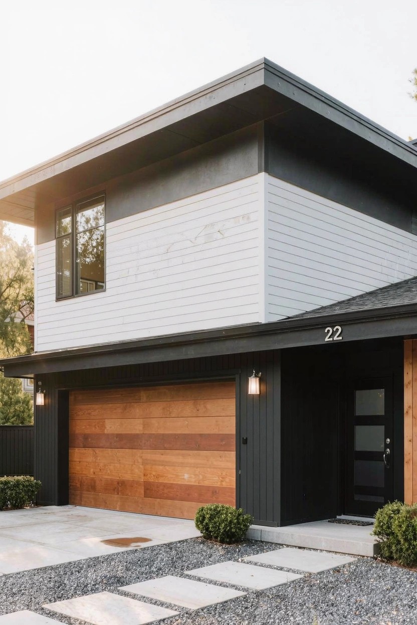 Modern two-story house exterior with black siding on the lower section, white horizontal siding on the upper section, wooden plank garage door, black front door, and gravel driveway with pavers leading to the entry.
