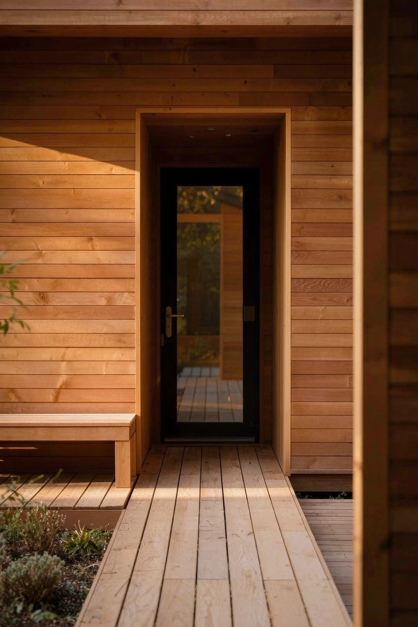 Modern house exterior featuring vertical warm-toned wood cladding, a recessed black-framed glass entry door, wooden bench, boardwalk pathway, and low plants.