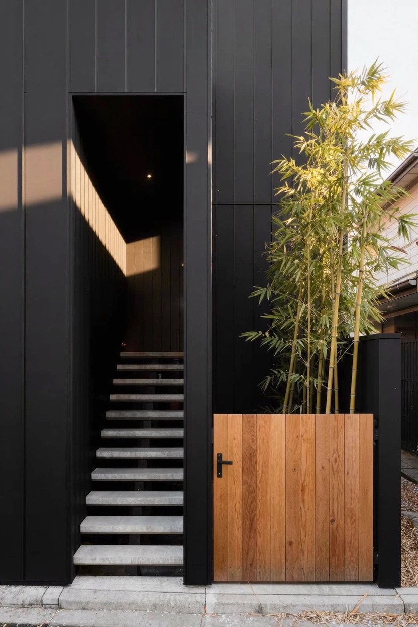 Modern house with black vertical siding, concrete stairs ascending to a recessed dark hallway ending in a wooden gate, bamboo plants in a wooden enclosure beside the entry, and a concrete path.