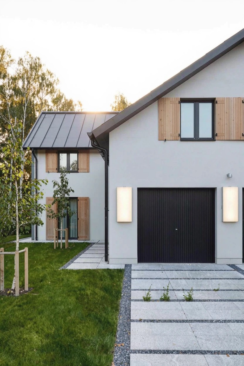 Modern house exterior featuring white stucco walls, large black garage door flanked by wall lights, wooden shutters on windows, dark metal sloped roof, paved driveway with gravel edges, grass lawn, and young tree nearby.