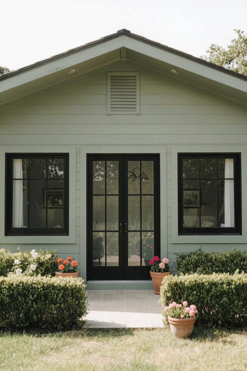 Light green clapboard house with gabled roof, black-framed double doors and windows, boxwood hedges flanking a stone path, and potted plants on the steps.