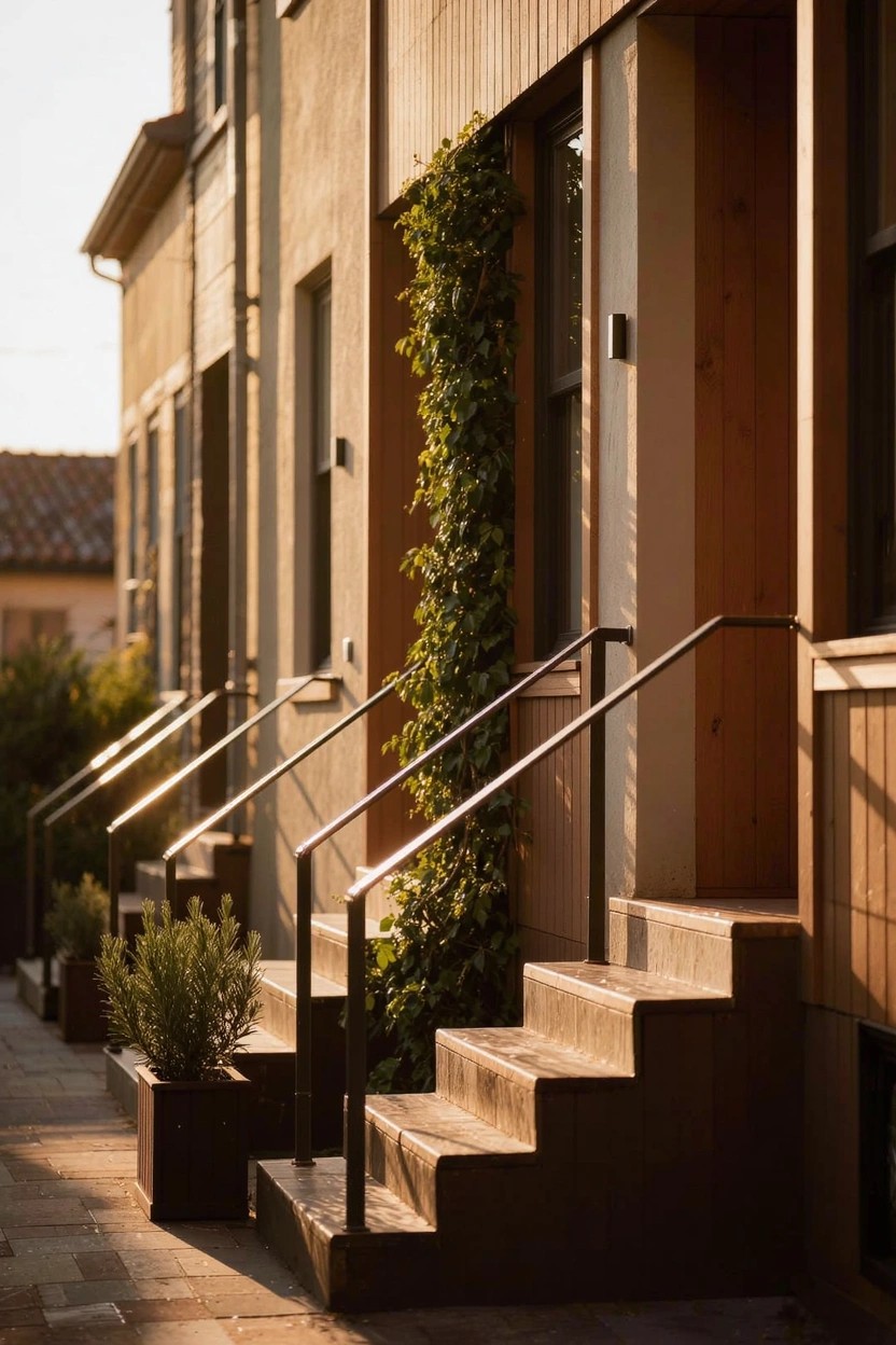 Row of beige stucco townhouses with climbing ivy on one facade wall, wooden doors, metal railings on concrete entry steps, and potted shrubs along the front path.