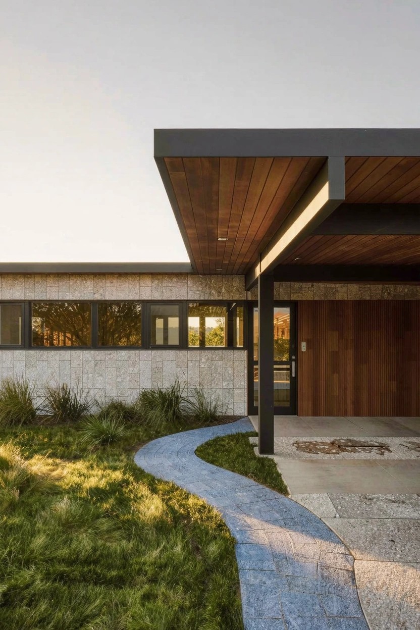 Modern single-story house exterior with flat roof featuring deep black-framed overhang over a vertical wood entry door, light-colored stone walls, narrow horizontal windows, and curved blue paver pathway through grass leading to the entrance.