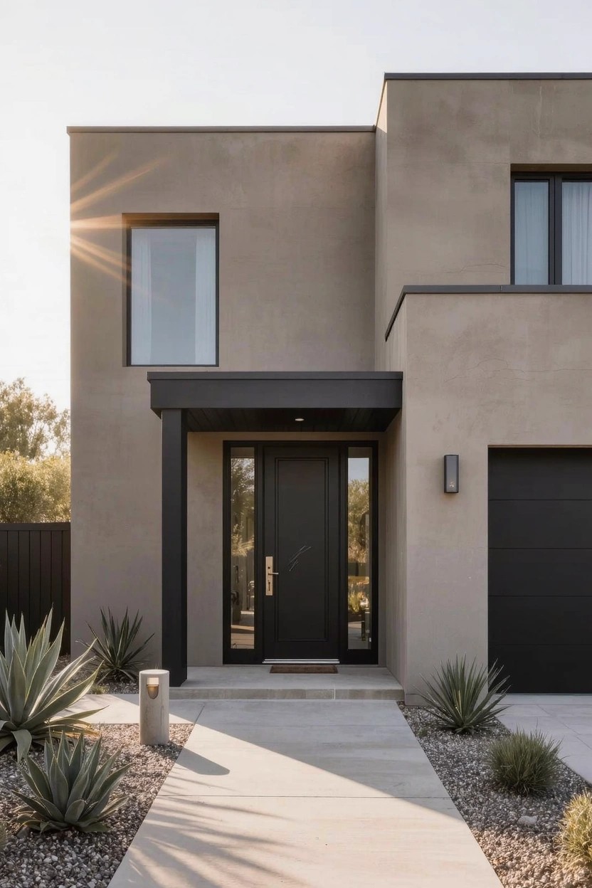 Beige stucco house exterior with black front door, window frames, garage door, covered entry porch, concrete pathway, gravel, and agave plants.