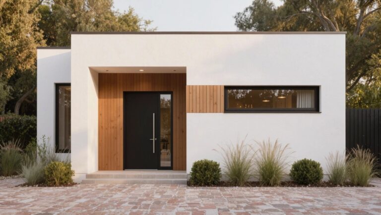Modern house exterior featuring white stucco walls, vertical wood panels framing a recessed black glass front door, slim horizontal window, stone paver driveway and path, and ornamental grasses with shrubs.