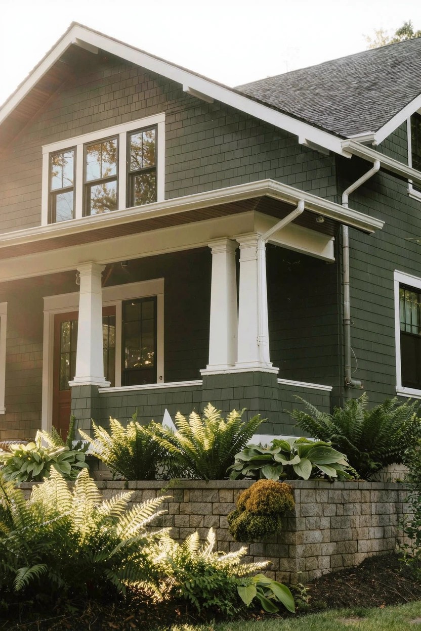 Two-story dark green shingle-style house with gabled roof, white-trimmed windows, and a full-width front porch supported by white columns, with ferns and leafy plants along a stone retaining wall in front.
