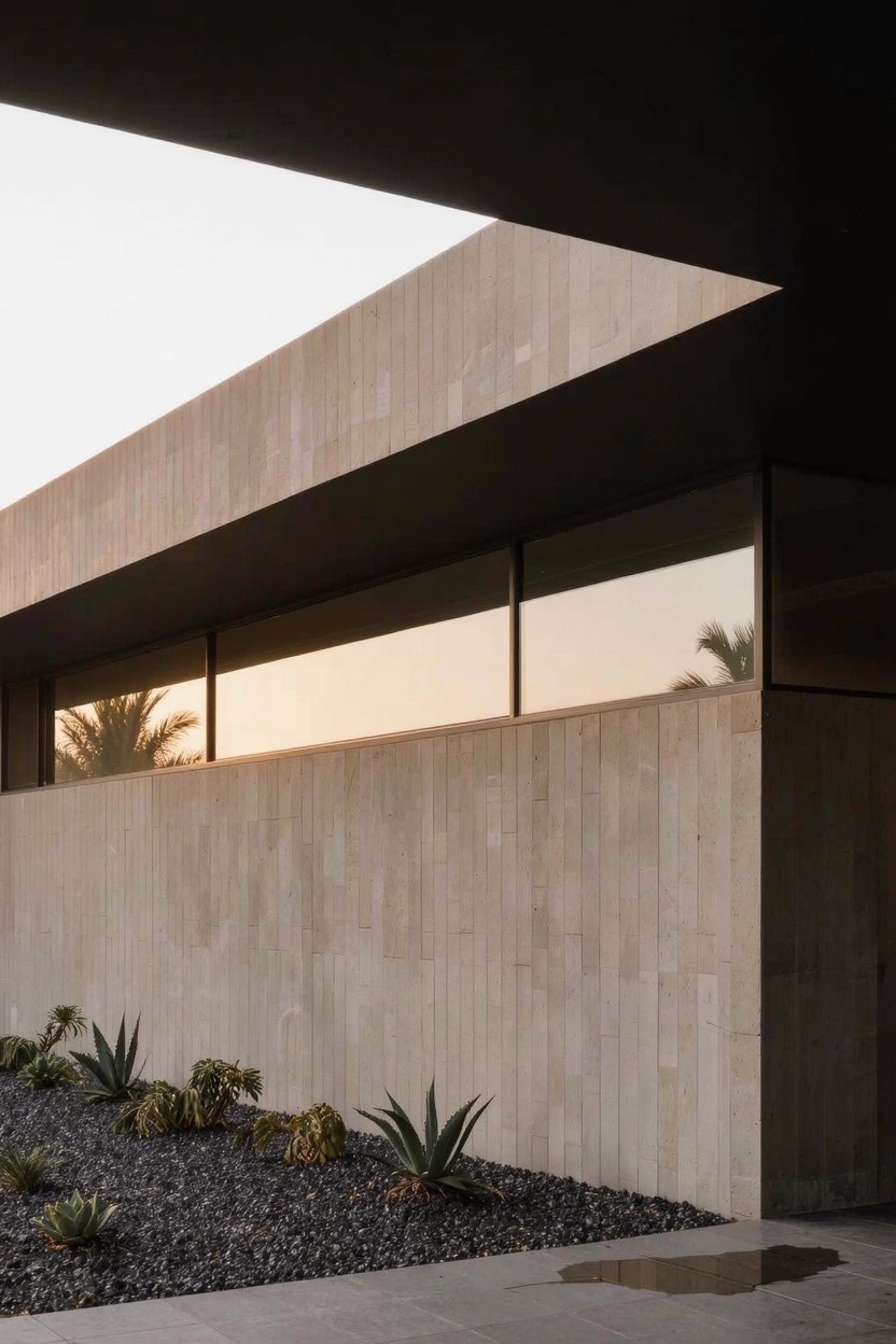Beige horizontal stone-paneled walls on a modern boxy house with large reflective strip windows, gravel landscaping with succulents and agaves at the base, palm trees nearby, and a concrete pathway under an open overhanging roof at sunset.