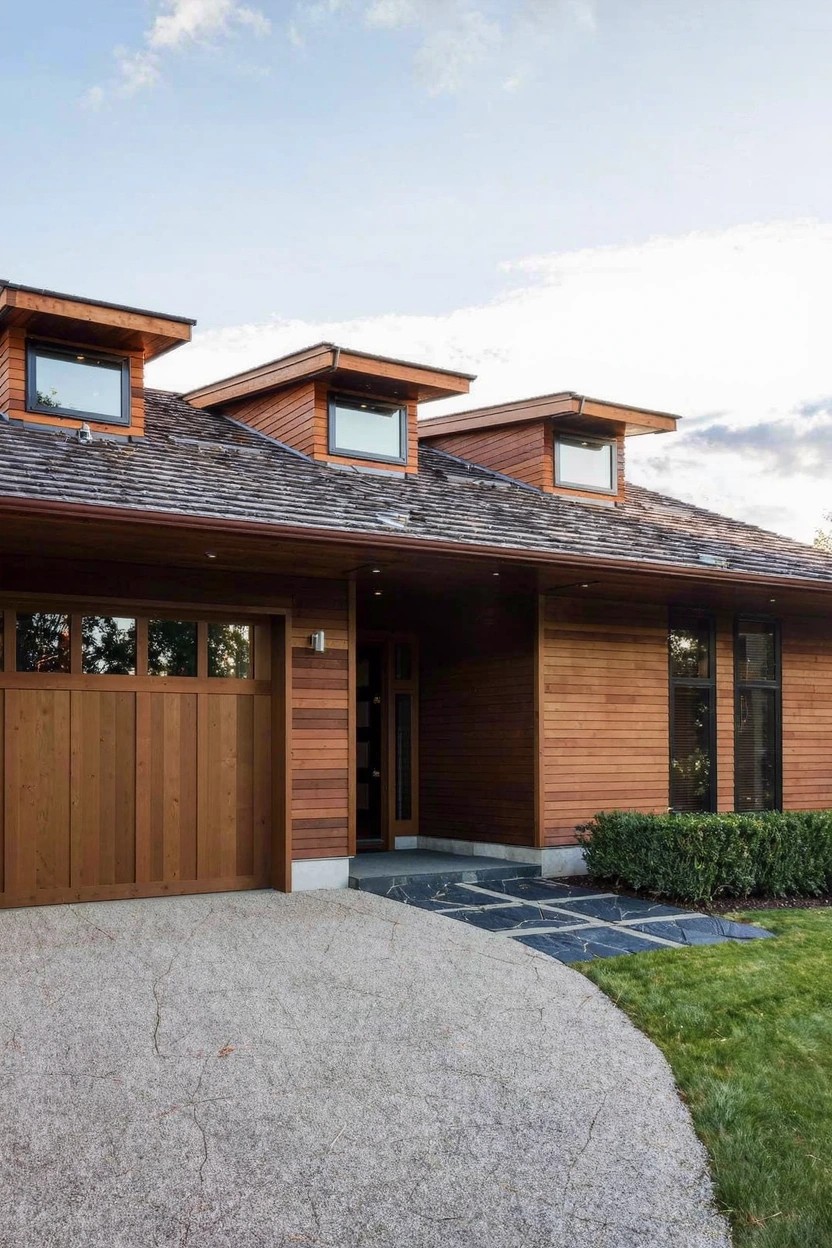 Modern house exterior with horizontal wood siding on walls and garage door, three clerestory windows on low-pitched roof, concrete driveway curving to slate entry path, shrubs, and grass.