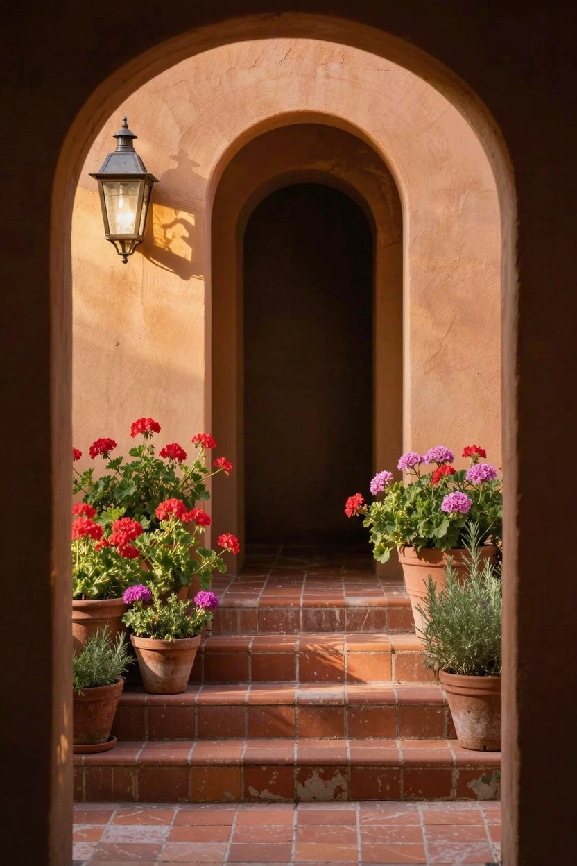 Arched doorway in beige stucco wall with brick steps leading to a dark open door, flanked by large terracotta pots of pink and red geraniums, and a hanging lantern on the right.