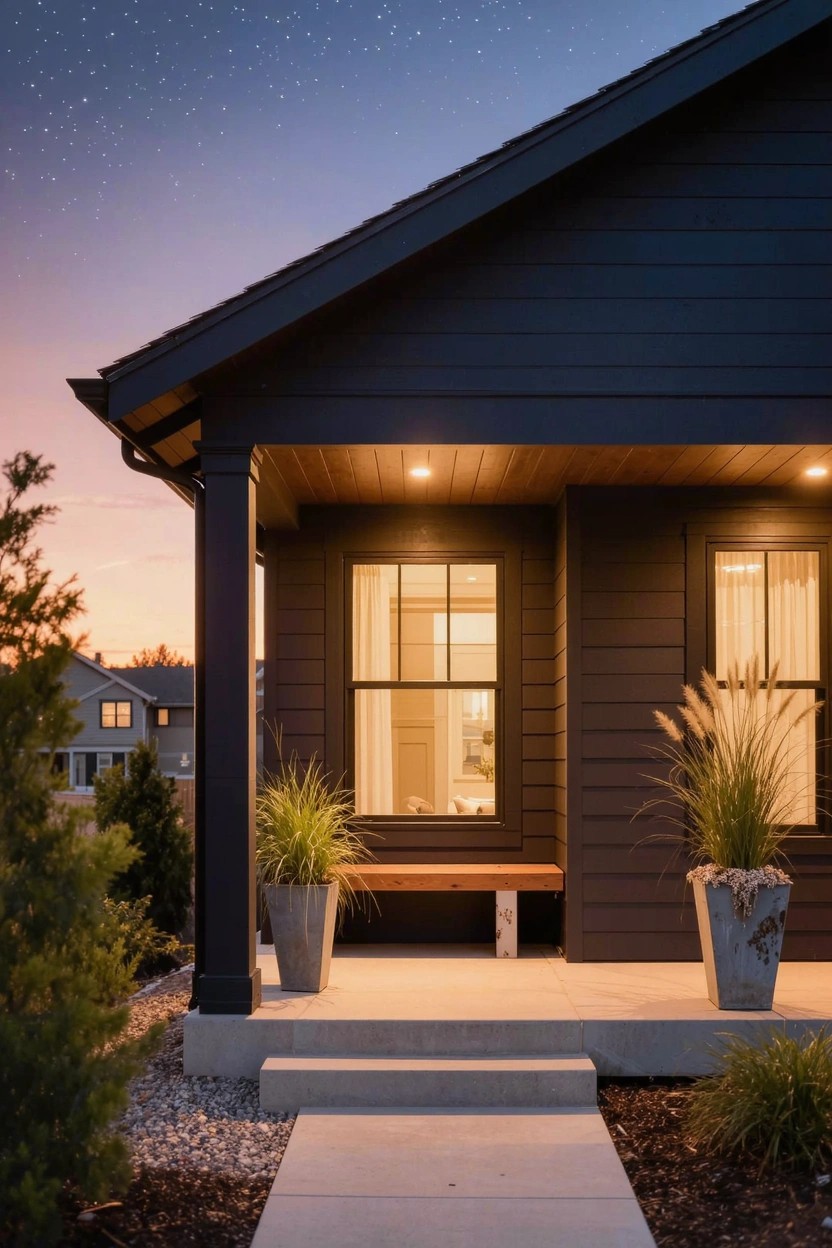 Dark-sided modern house exterior at dusk featuring a covered porch with wooden bench, large potted grasses flanking steps, concrete pathway, and warm lights glowing through windows.