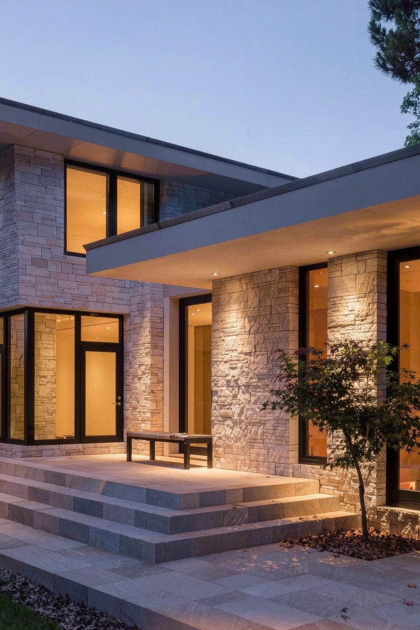 Modern house exterior at dusk with light beige stone walls, black-framed glass windows and doors, concrete steps leading to a bench at the entry, overhanging roof, small tree, and warm uplighting on the stone.