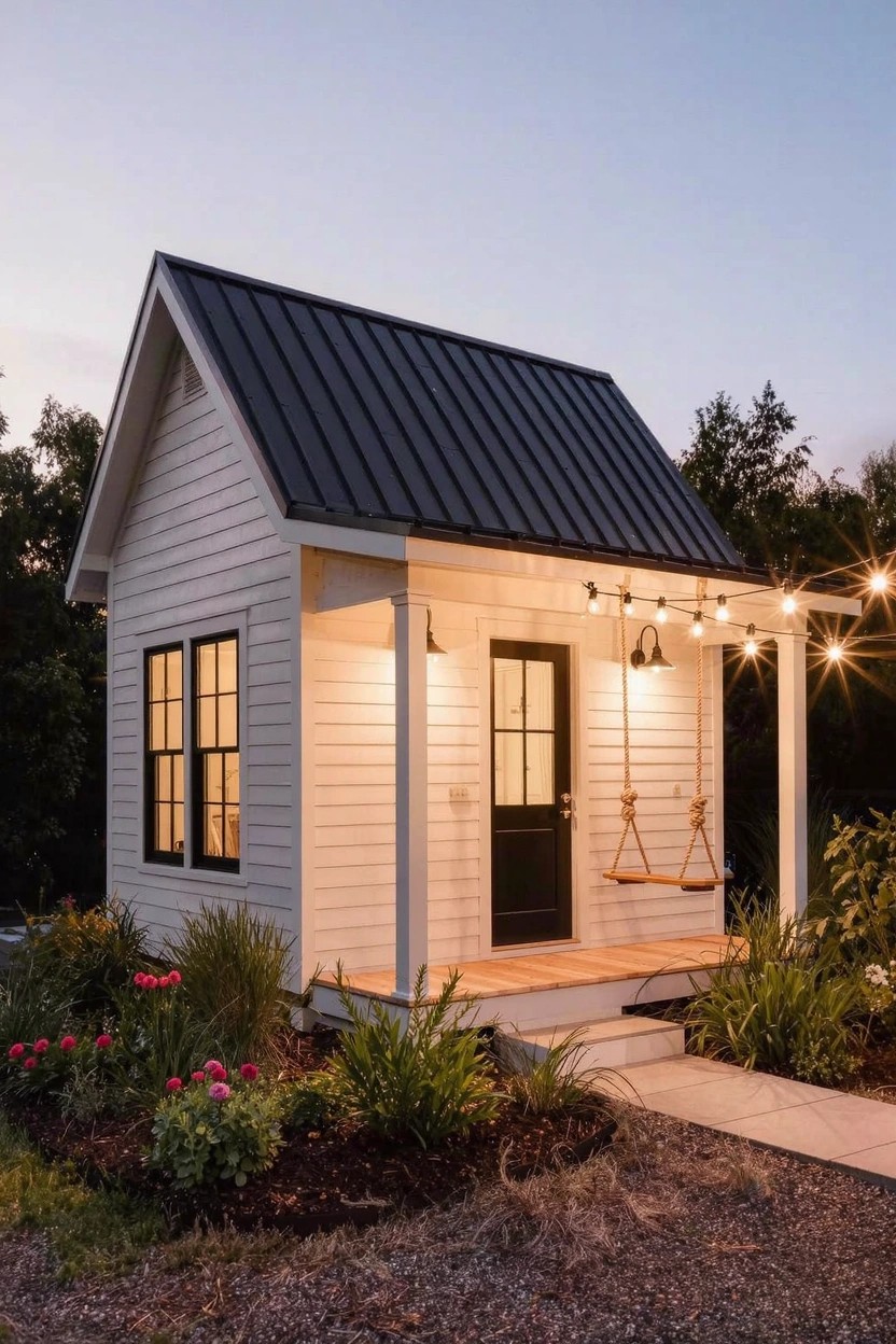 Small white clapboard house with black metal gable roof, covered front porch supported by white posts, featuring black door, rope swing, string lights overhead, plants, and gravel path at dusk.