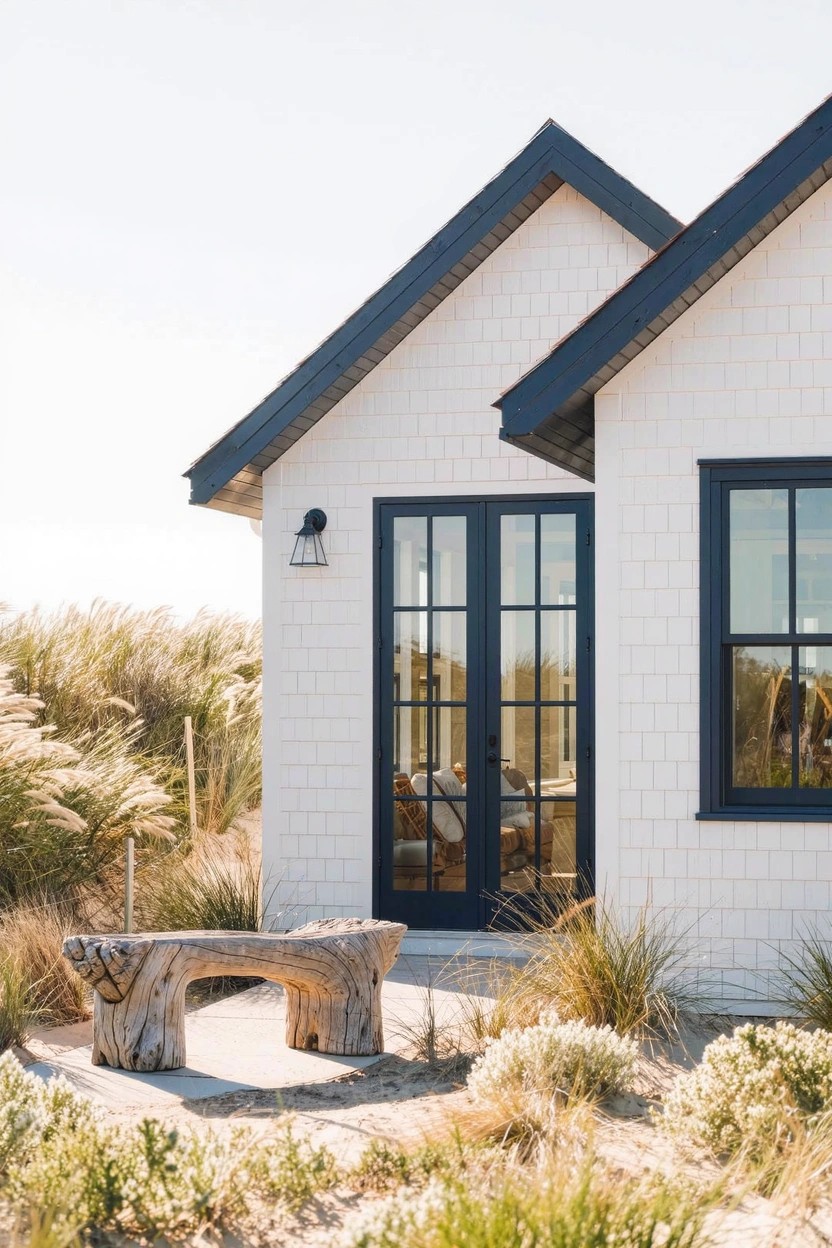 White board-and-batten house exterior with black window and door frames, gabled roof, wooden bench, wall light, and beach grass landscaping.