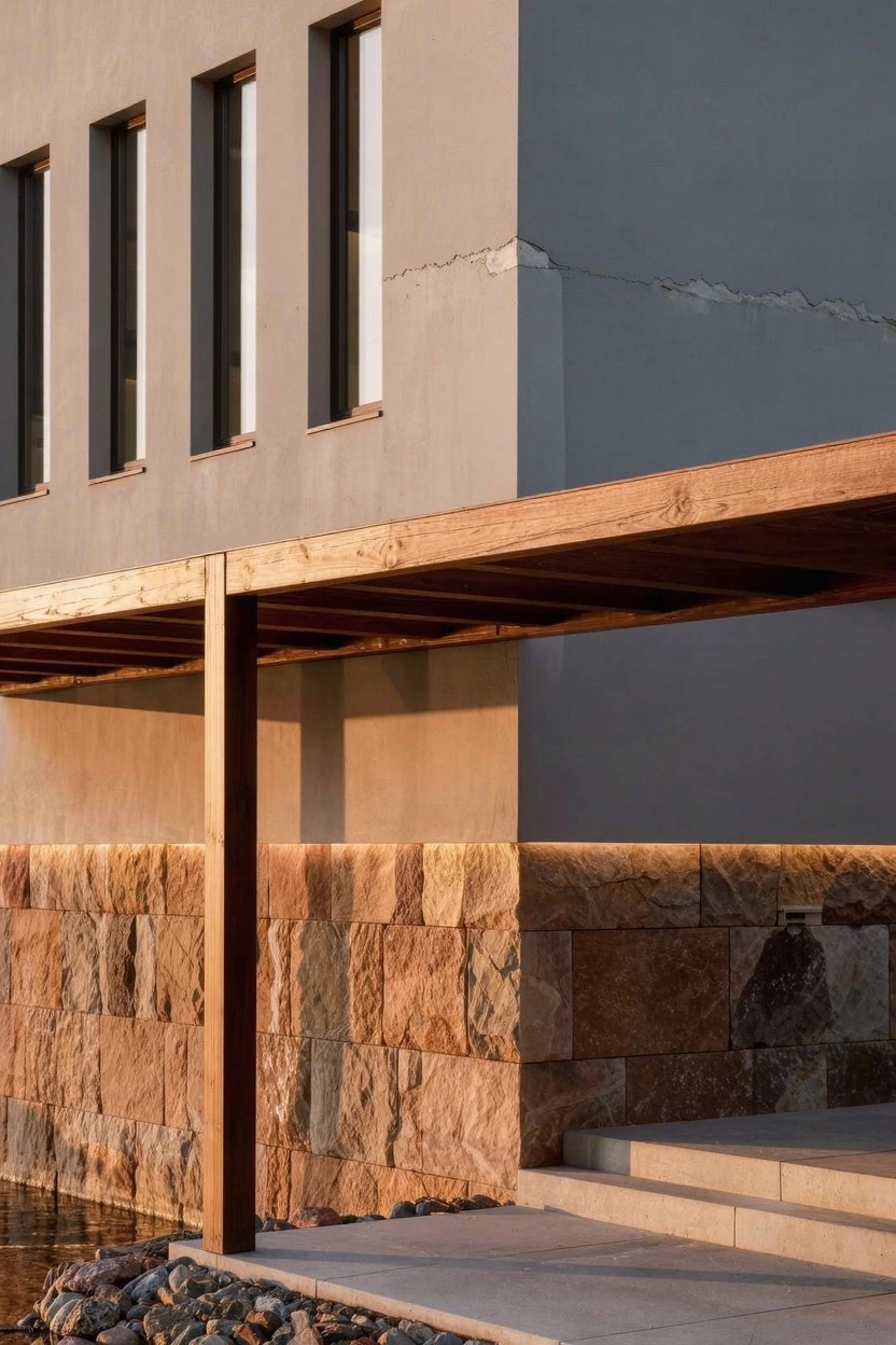 Gray stucco house exterior with large rectangular windows, wooden beam overhang on vertical posts above concrete steps and stone wall next to pebbled pond edge.