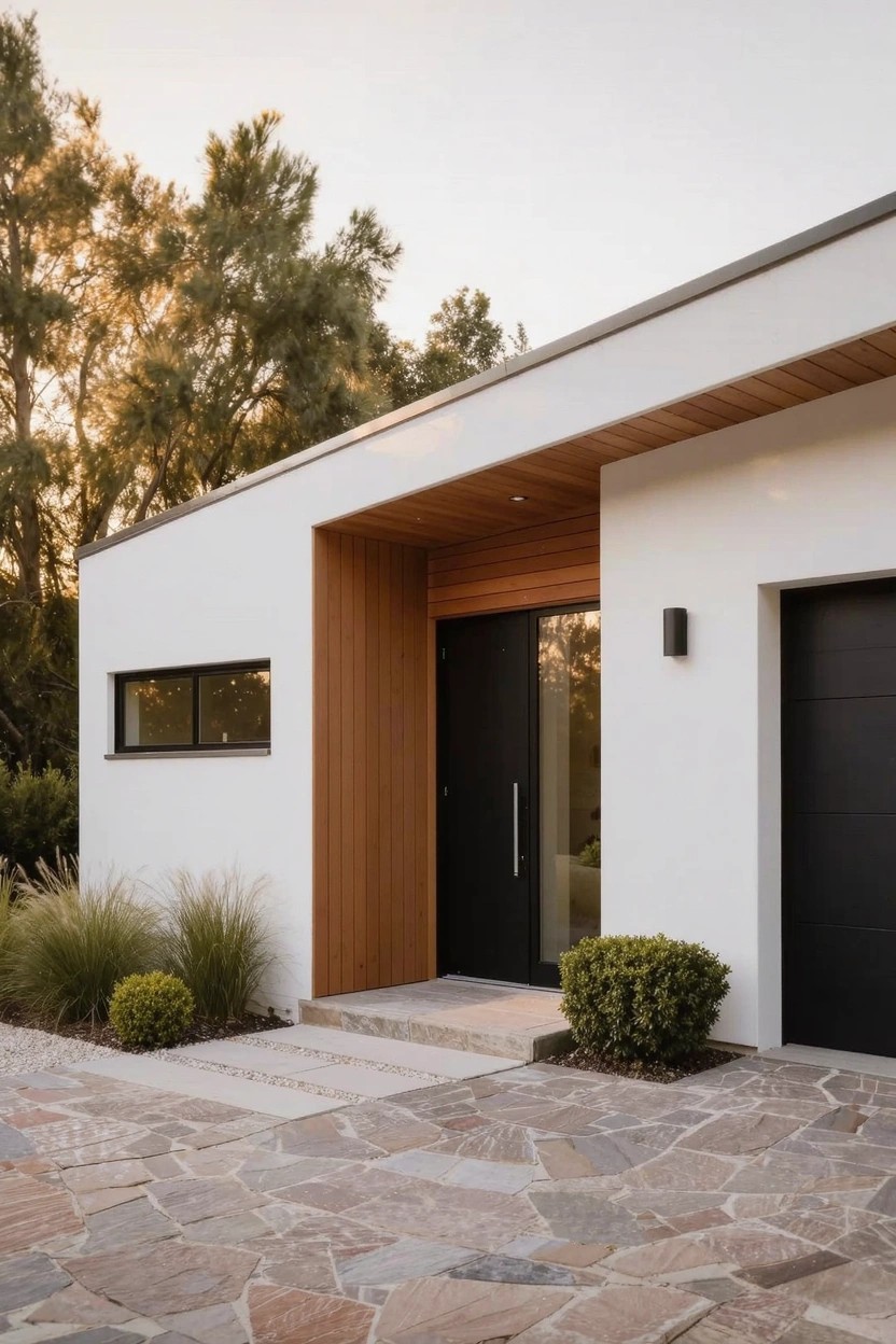 Modern house exterior featuring white stucco walls, vertical wood panels framing a recessed black glass front door, slim horizontal window, stone paver driveway and path, and ornamental grasses with shrubs.