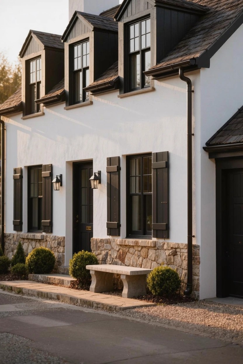 White house exterior with black-framed dormer windows, black shutters on windows, black front door and garage door, stone foundation, boxwood shrubs, stone bench, and gravel path beside a driveway.