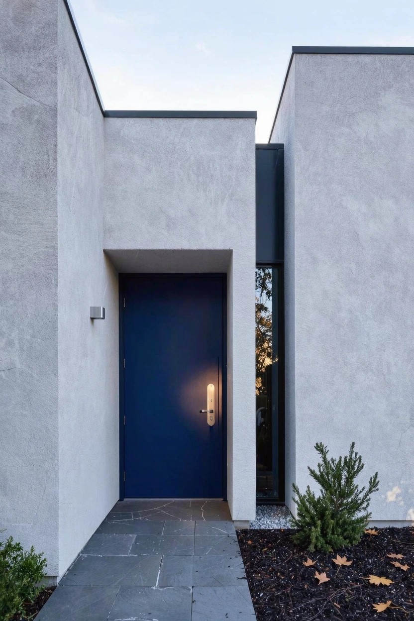 Modern house exterior with light gray stucco walls, recessed navy blue steel door illuminated by a wall light, glass panel beside it, stone pathway leading up, and small plants with mulch in front.