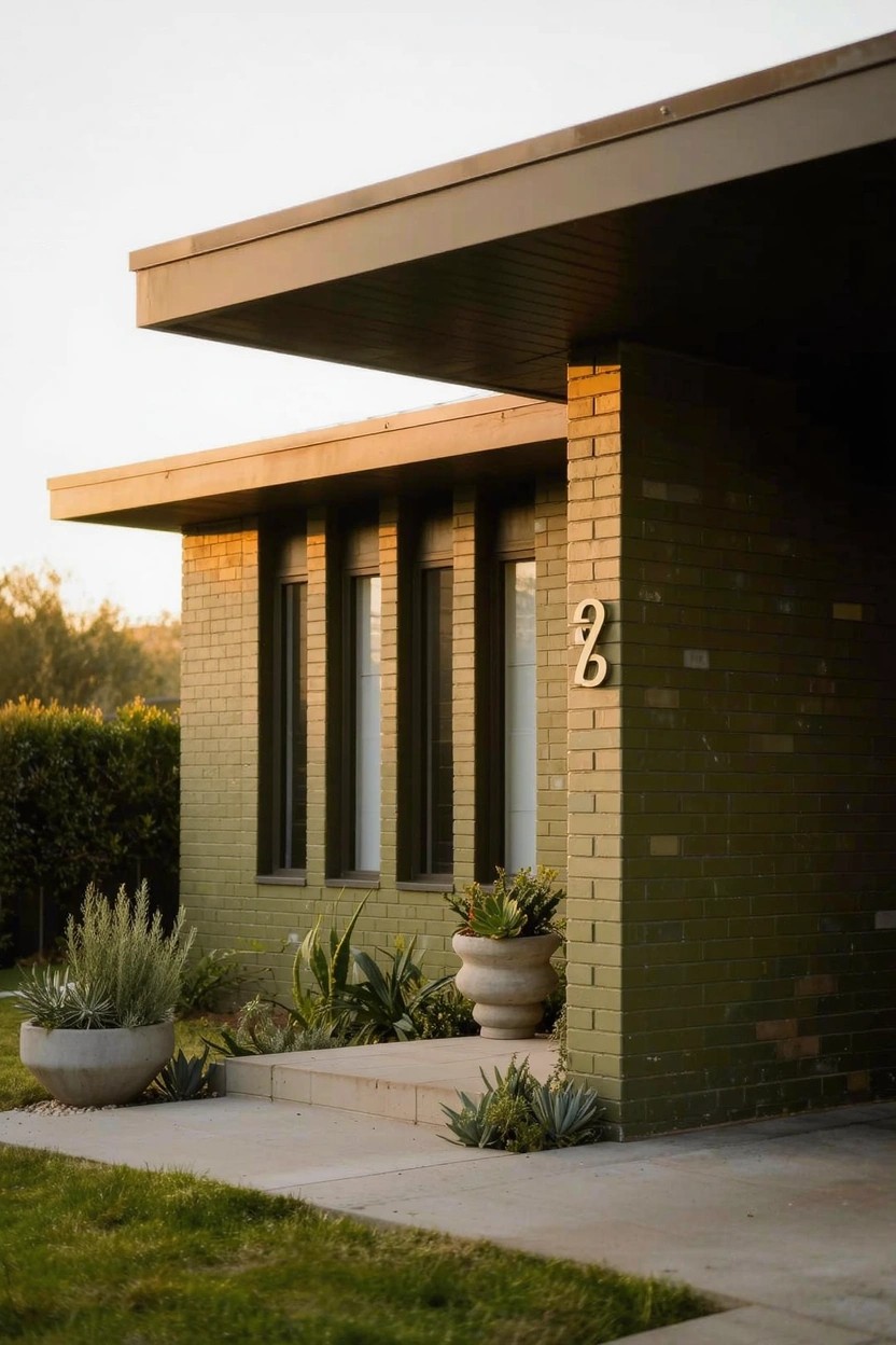 Green brick modern house corner with flat overhanging roof, three dark-framed windows, metal house number 2 on wall, potted succulents along base, concrete pathway, and lawn.