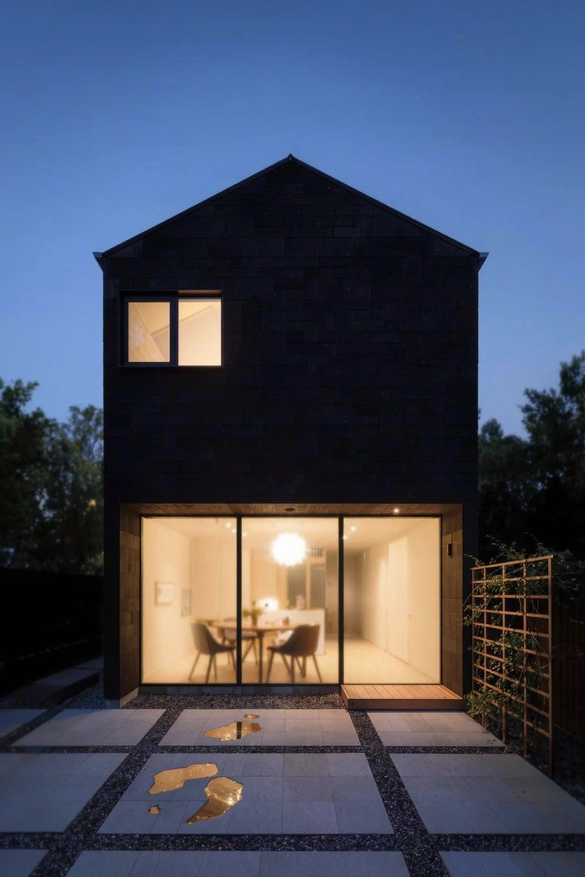 Small modern house with dark brick exterior, large glass entry wall, and front patio of dark stone pavers with metallic gold footprint shapes leading to the door at dusk.