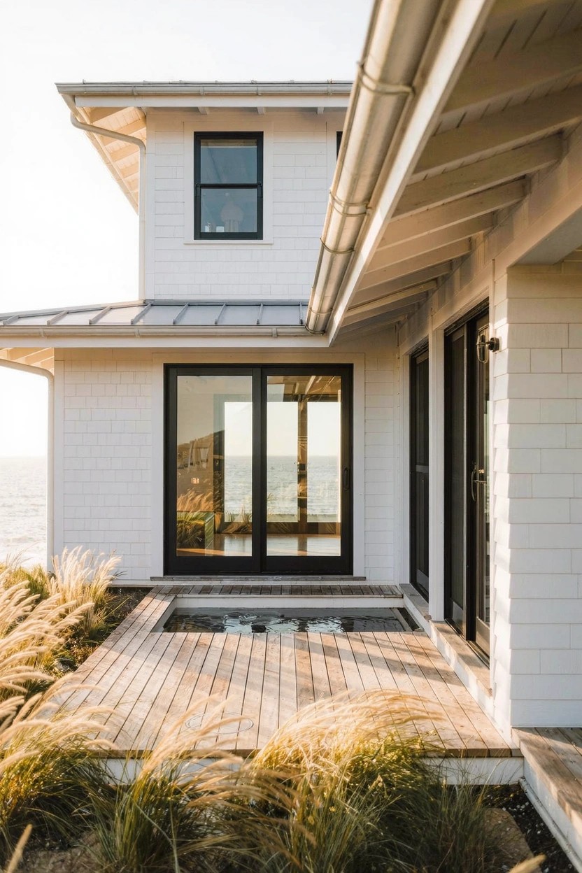 White modern house corner with black-framed sliding glass door and door opening to a wooden deck surrounded by tall ornamental grasses, including a small rectangular pool near the edge overlooking the ocean.