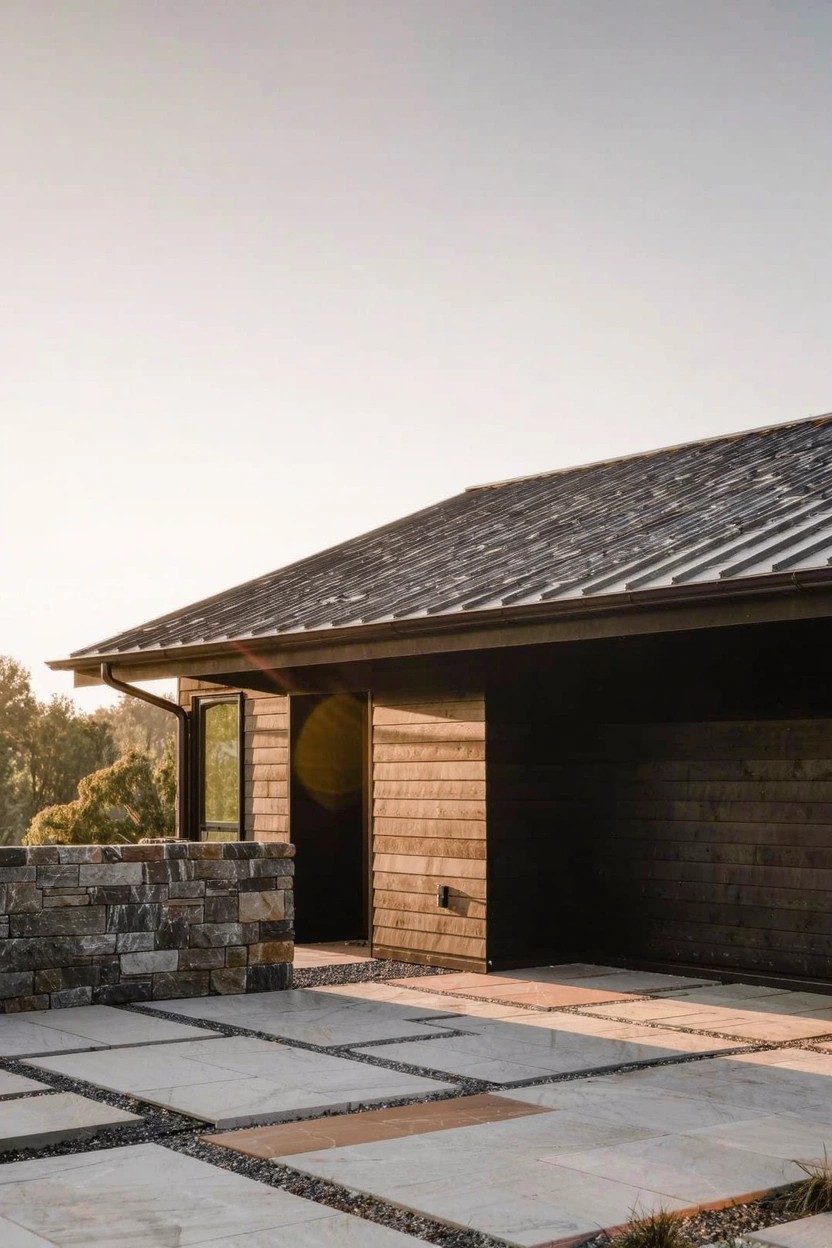 Side view of small modern house with dark vertical wood siding, standing seam metal roof, low stone retaining wall, and terrace paved in large rectangular stones with gravel-filled joints, overlooking trees at sunset.