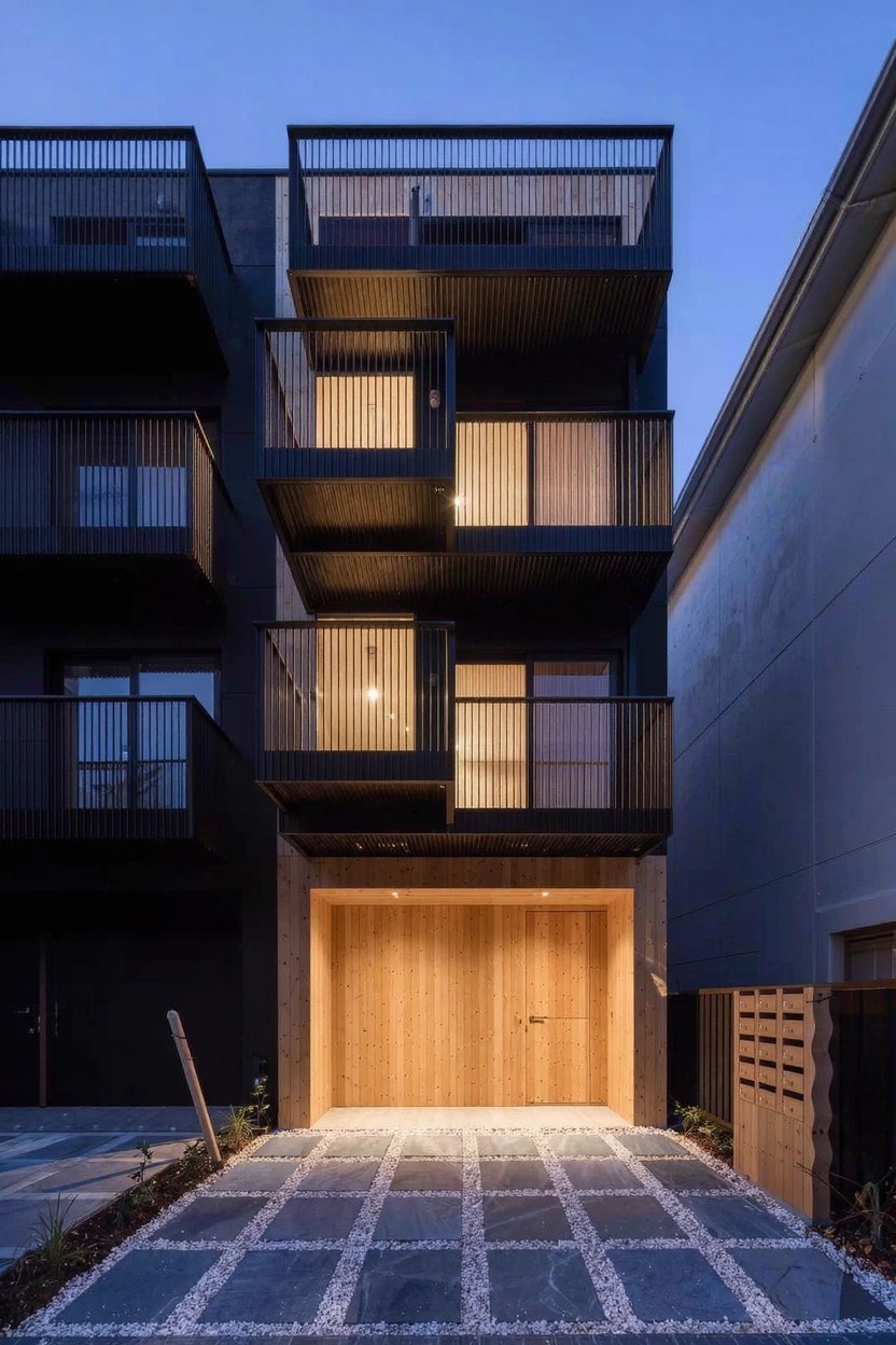 Three-story modern house exterior featuring black metal framing and railings around balconies and windows, light wooden double garage doors, pebble driveway, and warm interior lighting at dusk.