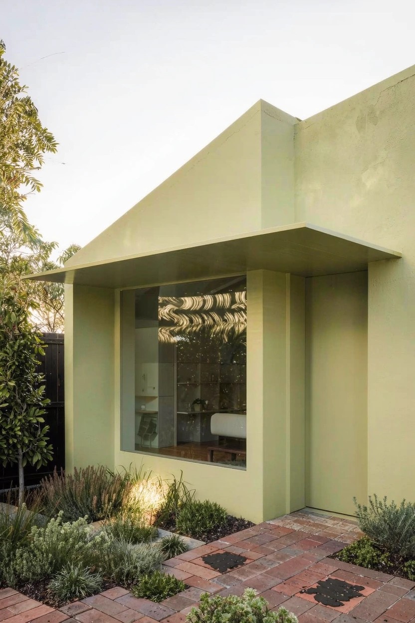 Pale green modern house exterior with angular roof overhang above a large window, low plants, grasses, and brick pavers in the foreground.
