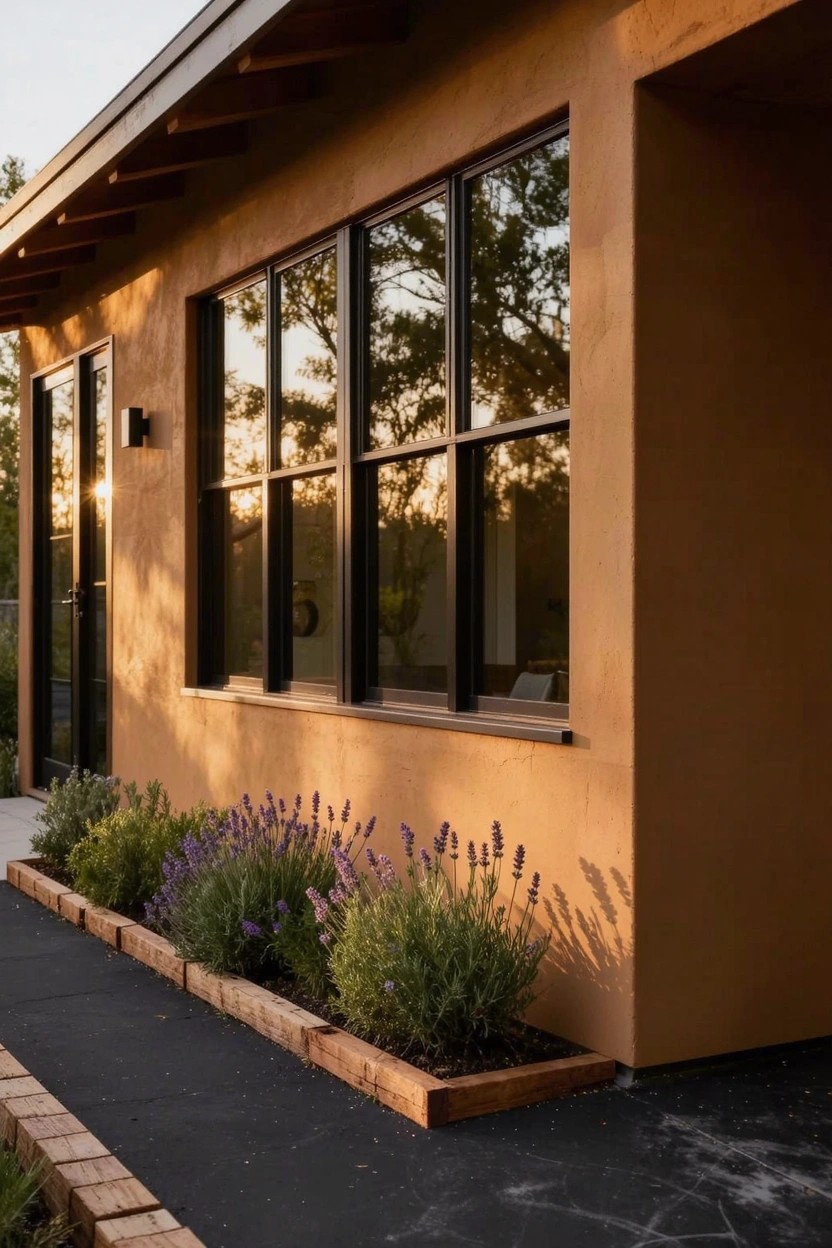 Side view of a tan modern house exterior featuring large black-framed windows, double glass doors, a wooden raised planter box with lavender plants along the base, and a concrete pathway at sunset.