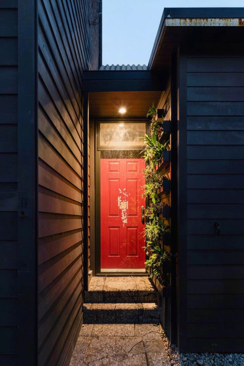 Modern small house exterior with dark vertical wood siding, a solid red front door under a recessed overhang, short stone steps, vertical plants on one wall, and warm overhead lighting at dusk.