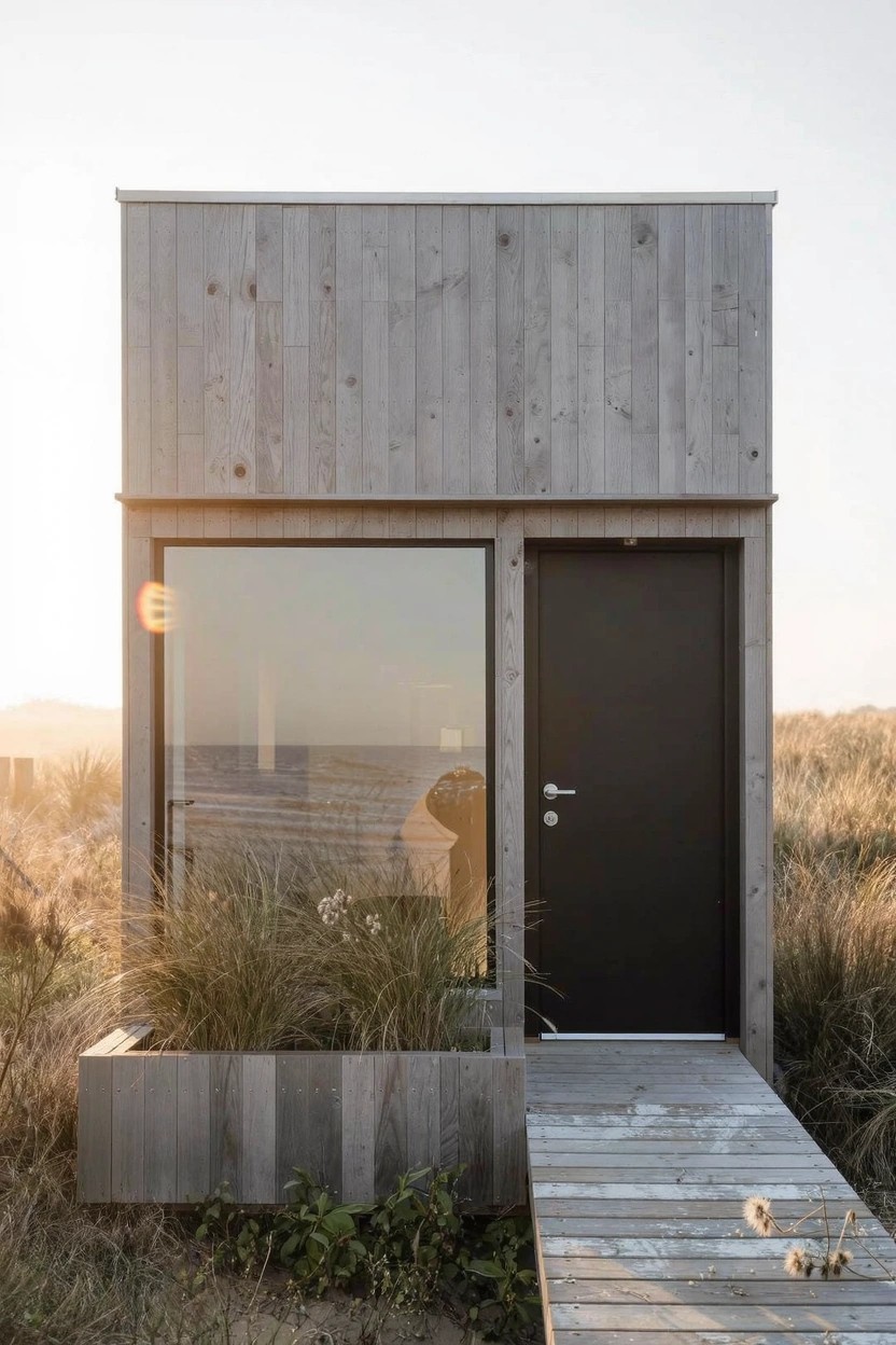 Small modern wooden cabin with vertical siding, large glass window, black door, elevated wooden walkway through dune grasses and plants near a beach.