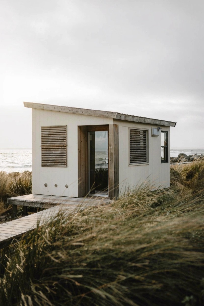 Small white modern cabin with louvered shutters, large glass entry door, and windows on a raised wooden deck platform surrounded by tall beach grasses near the ocean.