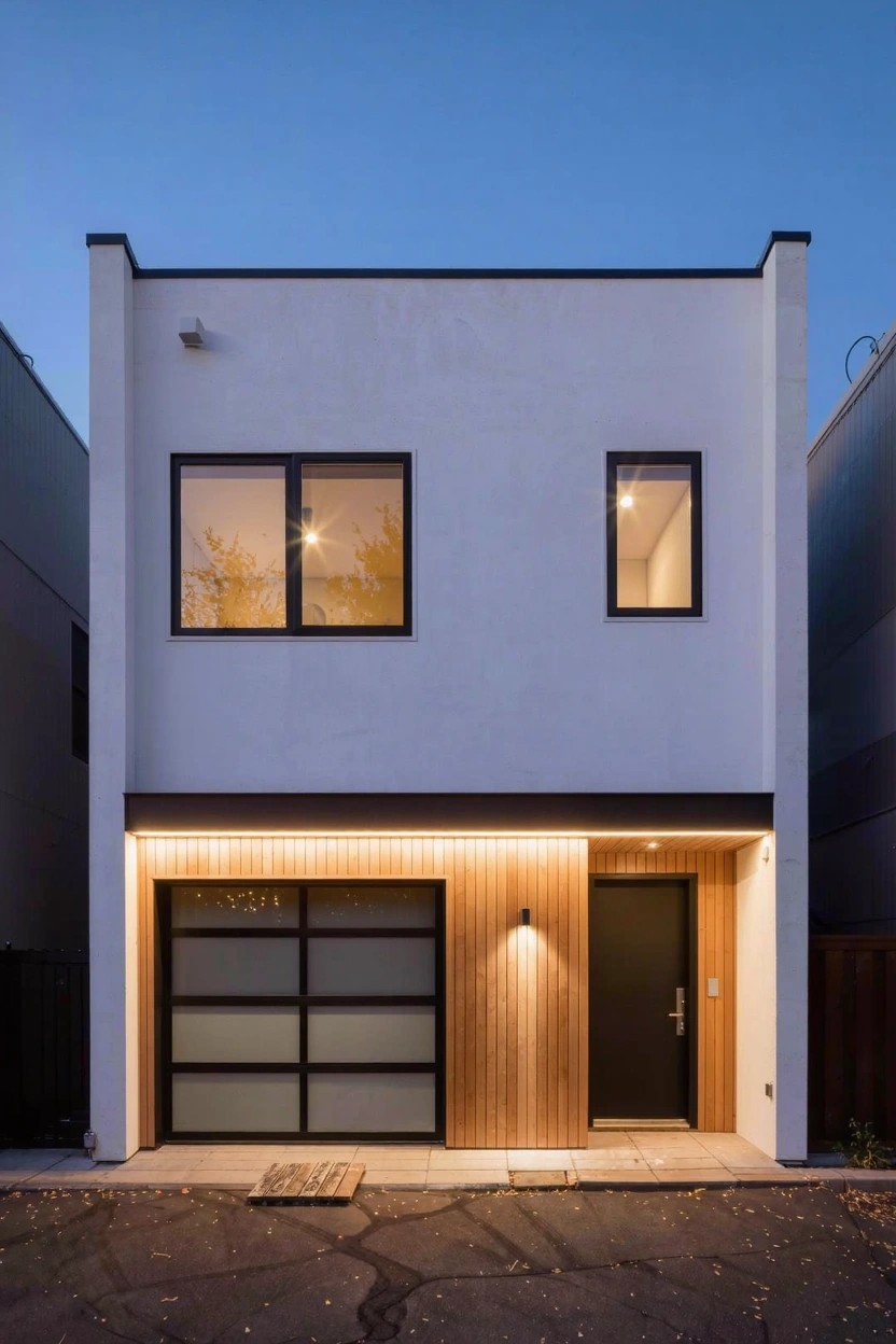 White modern two-story house exterior with black-framed windows, vertical wood siding on garage and entry areas, glass-paneled garage door, black front door, and LED strip lighting at dusk.