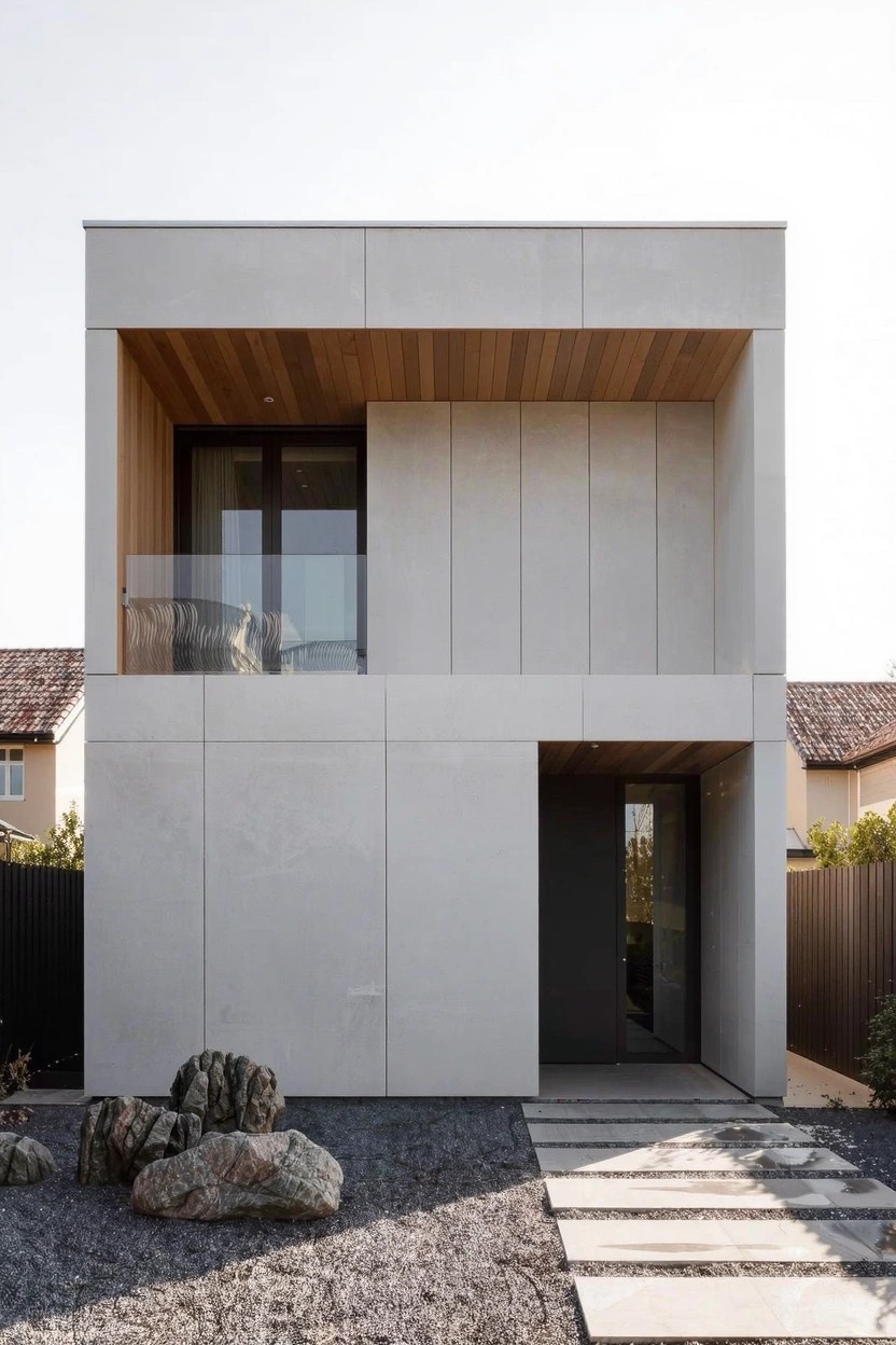 Small modern house exterior with white paneled walls, wooden upper overhang and balcony, dark entry door, gravel yard with large boulders, and stone pathway.