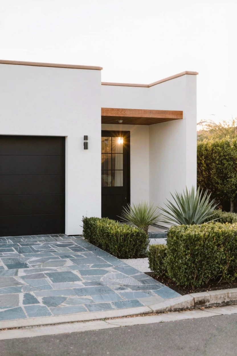 Small modern house exterior featuring white stucco walls, black garage door, black front door with glass panels and lanterns, irregular stone paver pathway, boxwood hedges, and agave plants.