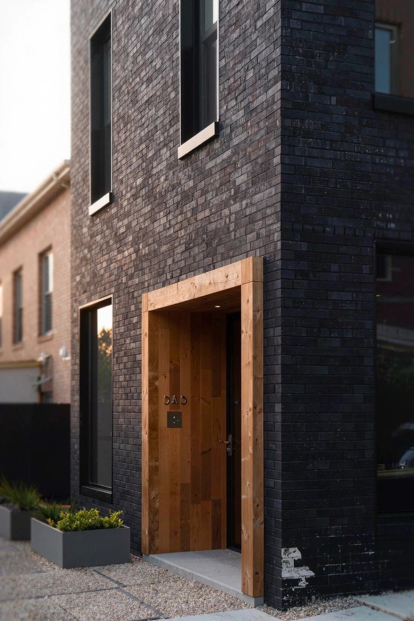 Corner view of a narrow two-story black brick house with a recessed vertical wood front door and frame, slim windows, gravel entry path, and potted plants beside the door.