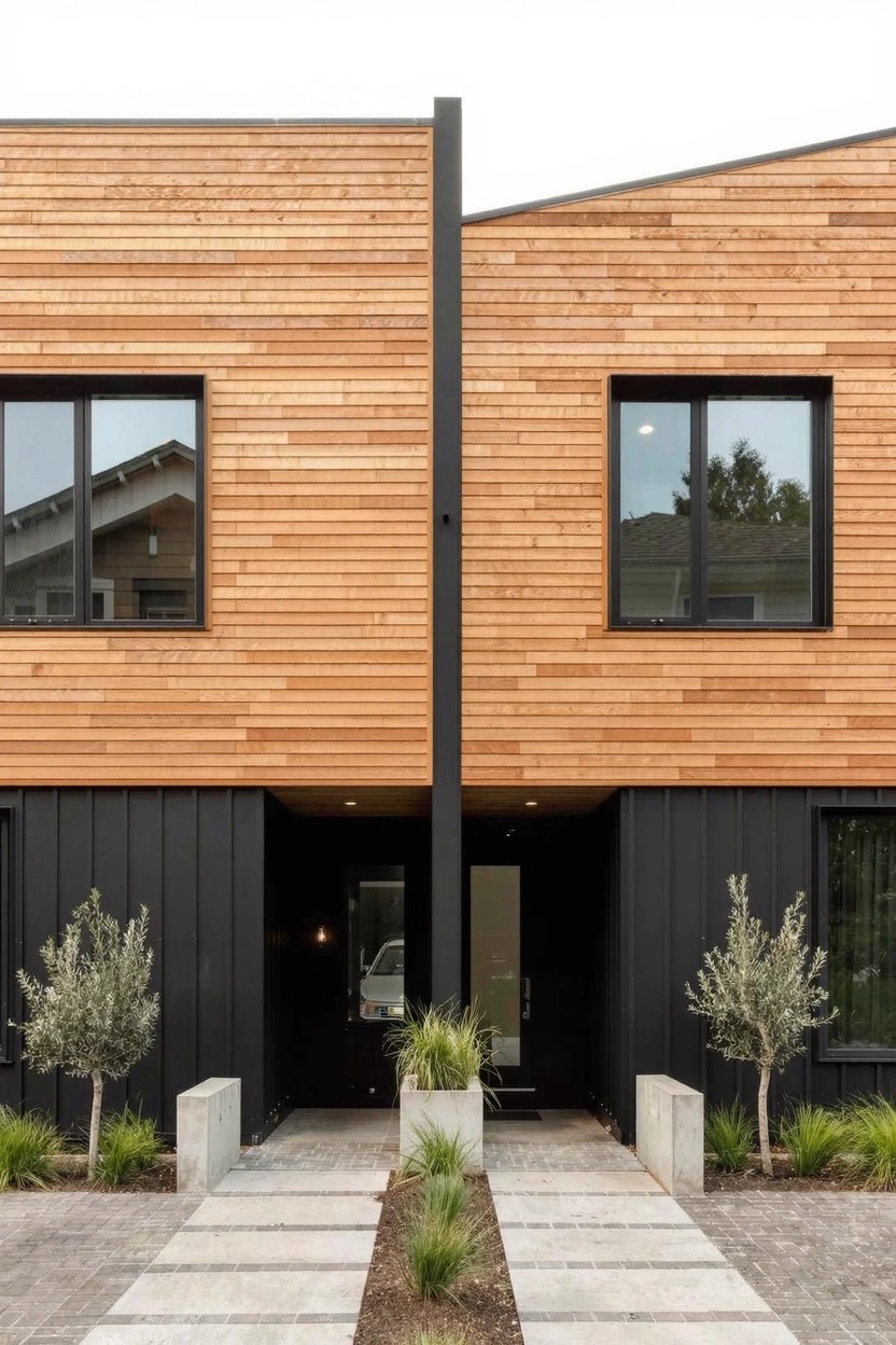 Modern duplex-style house exterior with horizontal cedar wood cladding on upper sections divided by a tall central black panel, black siding on lower walls, large windows, black front door, concrete steps and pathway flanked by olive trees and potted plants.
