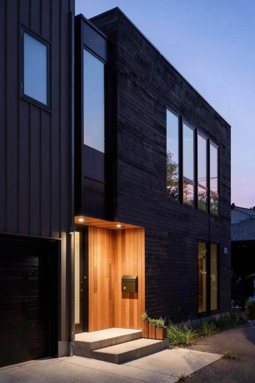 Side view of a small modern house with black vertical siding and charred wood panels, large windows, recessed light wood entry porch with steps, mailbox, plants, black garage door, and dusk lighting.