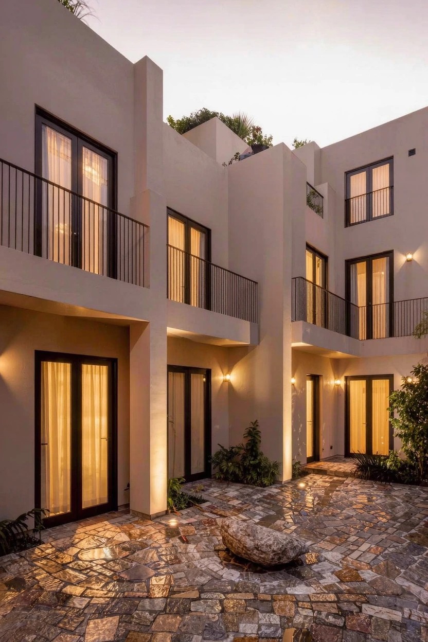 Two-story modern house with beige stucco walls, black metal balconies and window frames, large glass doors opening to a stone-paved courtyard with plants, a boulder, and warm exterior lights at dusk.