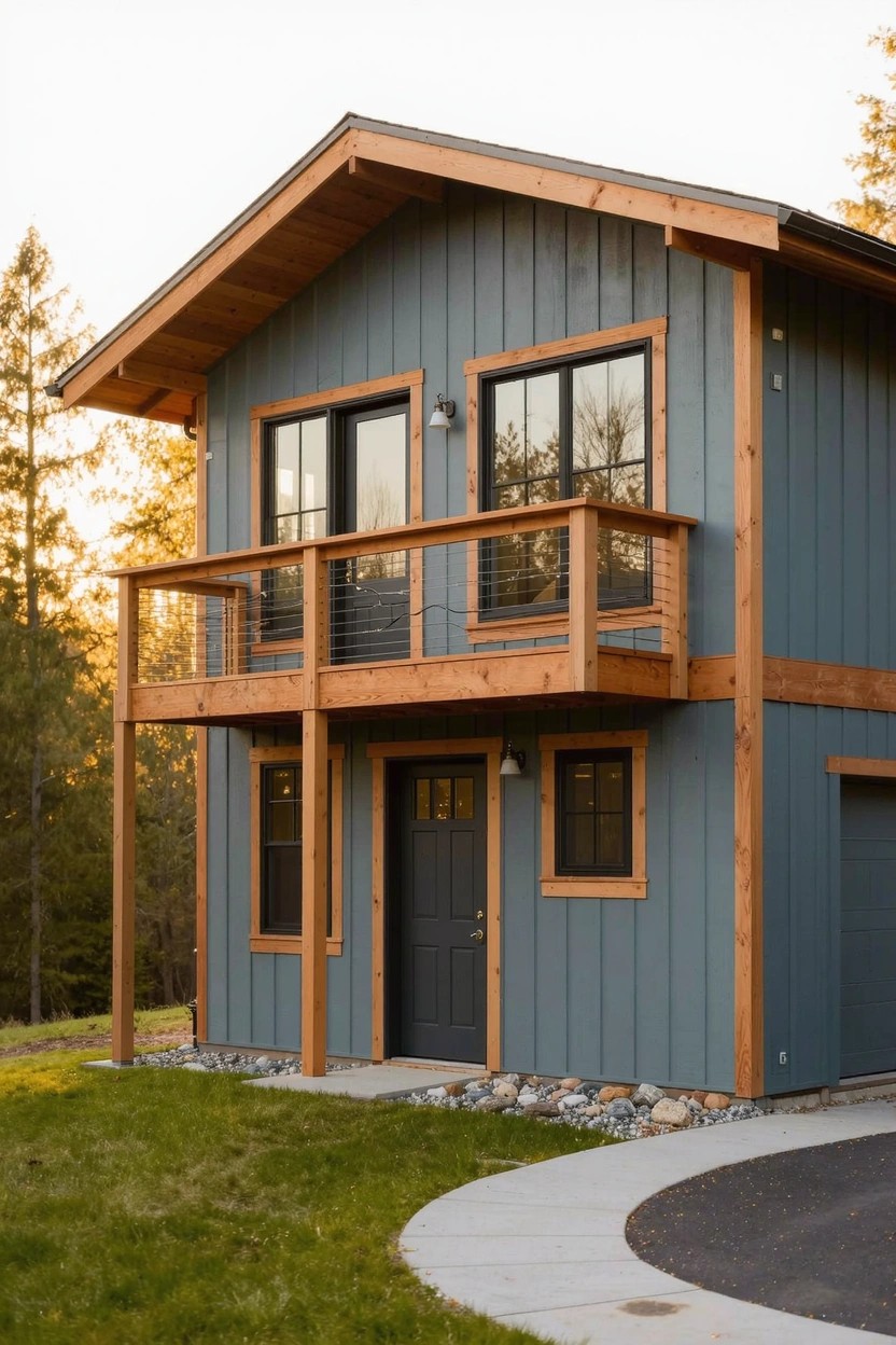 Two-story house with blue-gray clapboard siding, warm wood trim on balcony, posts, and roof overhang, dark windows and door, front porch, stone pathway, gravel driveway, grass yard, and surrounding trees at sunset.