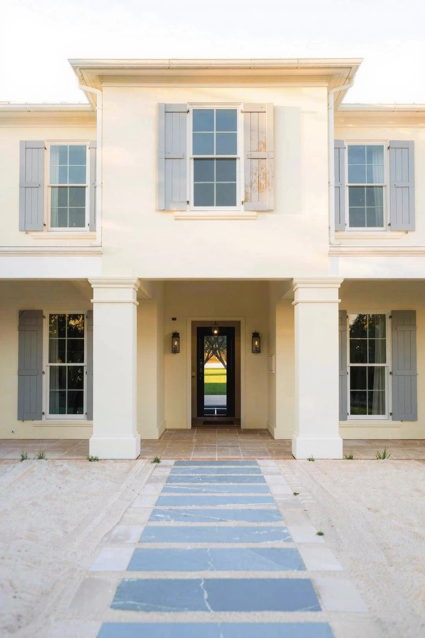 Light beige house with gray shutters and columned porch, blue tiled pathway leading to wood front door on sandy ground.