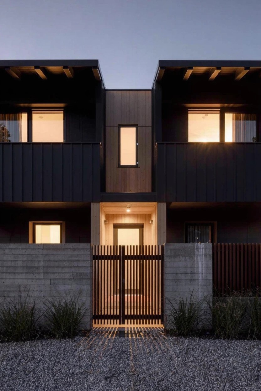 Modern two-unit house exterior featuring black cladding on upper levels and balconies, central vertical wood panel, glass entry door, light gray concrete block fence with slatted wood gate, gravel path, and tall grasses at dusk with warm interior lighting.