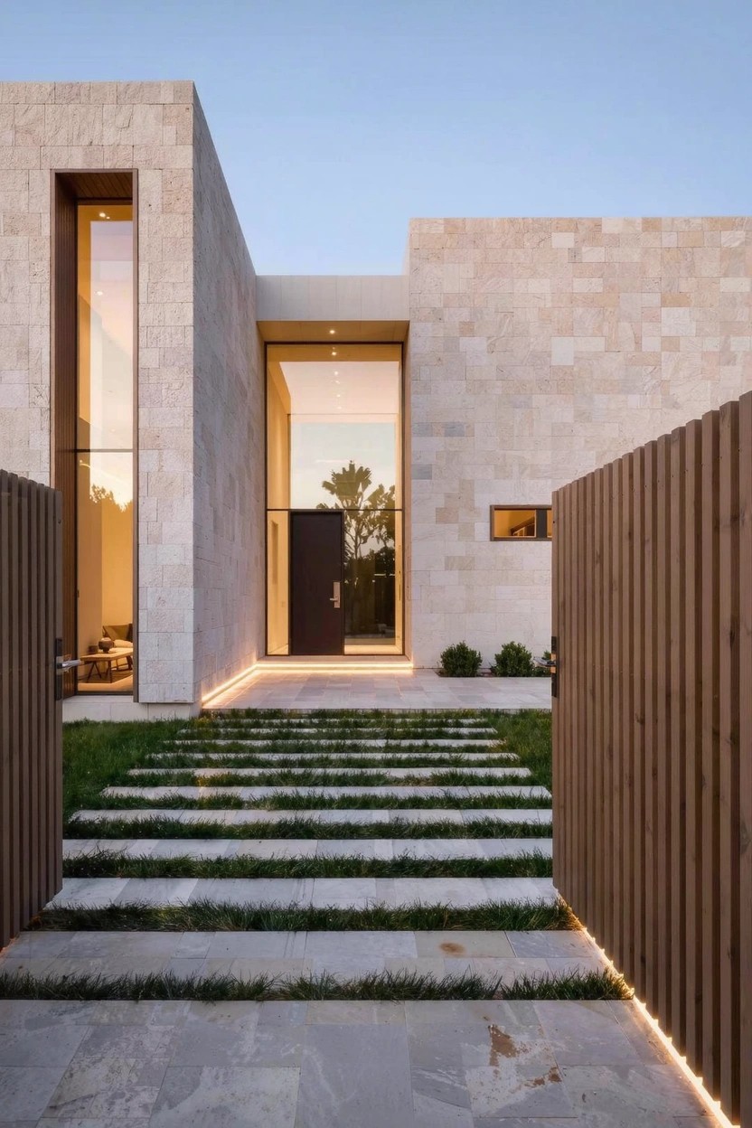 Modern house exterior featuring light beige stone walls, a tall glass entry with dark wood door, wooden fence gate, and linear stepping stones set in grass leading to the entrance at dusk.