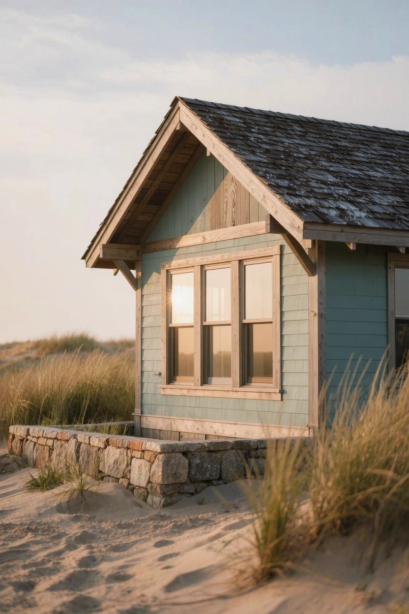 Small teal house with gabled shingled roof and three large windows, built on stone foundation amid sand dunes and beach grass.