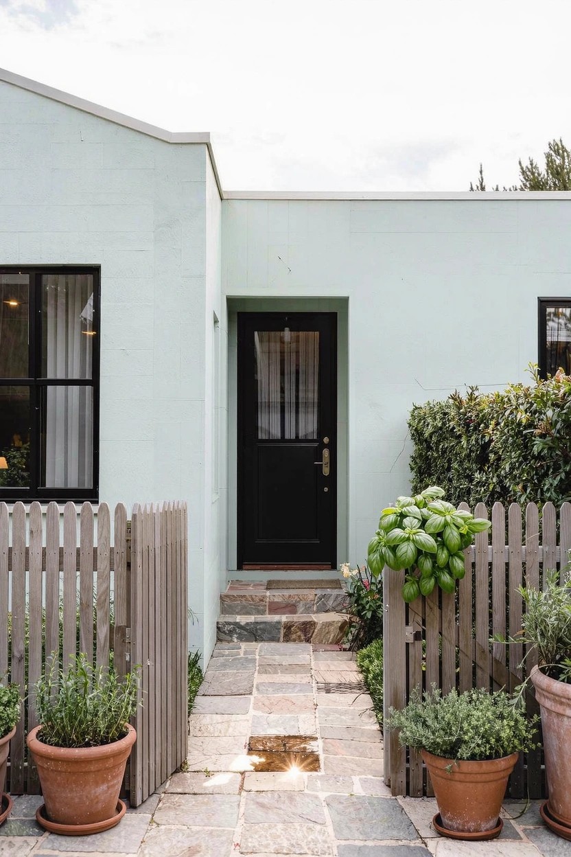 Pale green stucco house exterior with black-framed glass door and windows, stone pathway to entrance, white picket fence, and potted plants on either side.