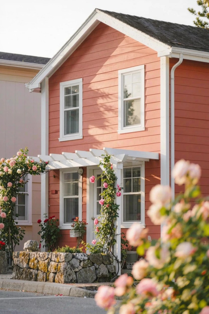Pink clapboard house with white trim, gabled roof, covered porch with white rose-covered pergola, and stone retaining wall at base.