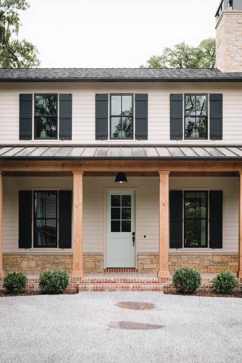 White two-story house with black shutters, light green front door under a covered porch with wooden columns and metal roof, beige stone base, brick steps, gravel driveway, and low bushes.