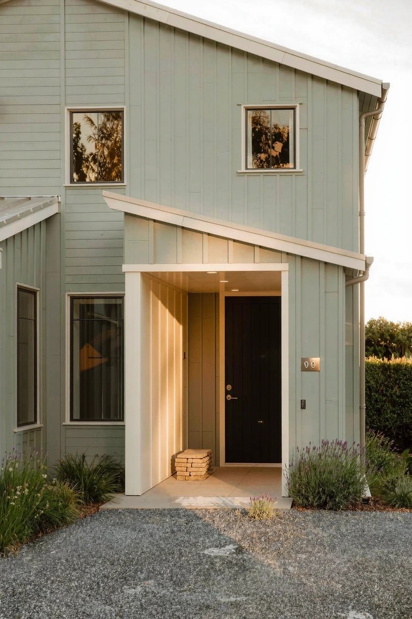 Two-story house with pale sage green vertical siding, white trim details, covered front porch, black door, gravel driveway, and low lavender plants along the entry.