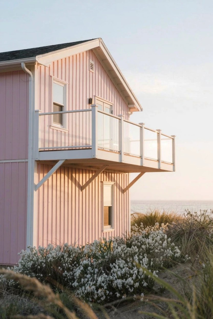Pink clapboard beach house with white-railed balcony, sea grass dunes, and ocean view at sunset.