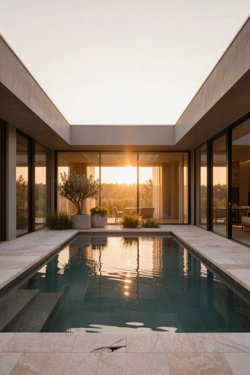 Modern U-shaped house exterior featuring large glass walls enclosing a central rectangular pool with steps, surrounded by beige stone paving, potted olive tree, and sunset light.